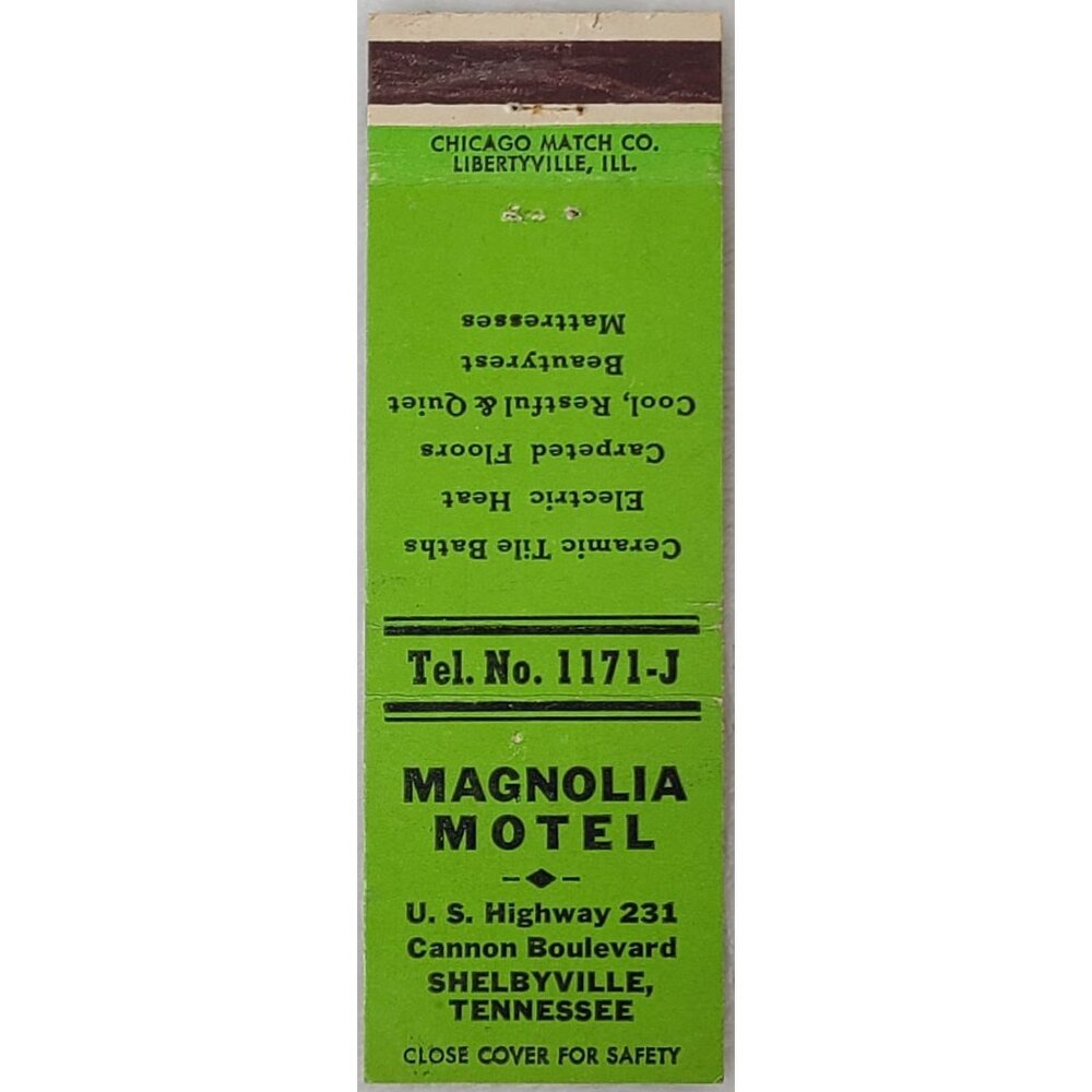 Front Strike Matchbook Cover Magnolia Motel Shelbyville TN Tennessee
